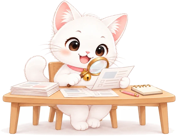 机に向かって、虫めがねで書類を確かめる白い子猫のモモ